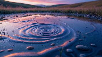 Water Ripple in Puddle with Sunset Reflection on Landscape photo