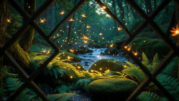 Forest Creek and Fireflies View From Lattice Window photo