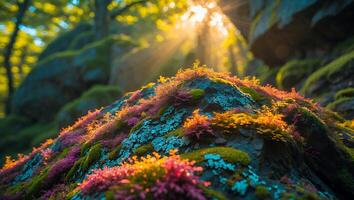Moss Covered Rock with Sunlit Forest in Background photo