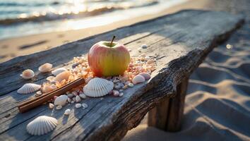 Apple with Seashells and Cinnamon on Wooden Bench at Beach photo