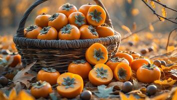 Persimmon in Basket on Fallen Leaf photo