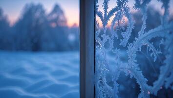 Frost Pattern on Window in Winter Snowy Landscape View photo