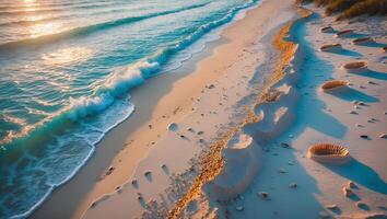 Ocean Wave on Sand Beach at Sunset photo
