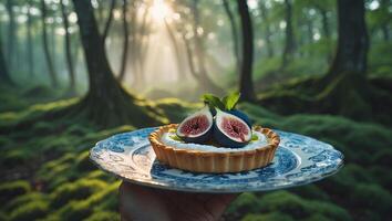 Fig Tart on Patterned Plate in Forest photo