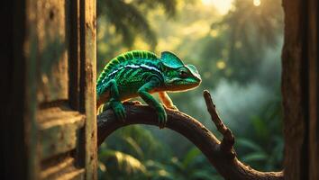 Green Chameleon on Branch Looks Out at Forest Canopy photo