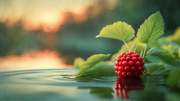 Red Berry on Water with Green Leaves photo