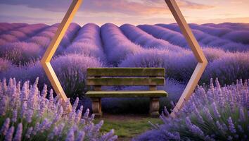 Lavender Field with Bench and Hexagon Frame at Sunset photo