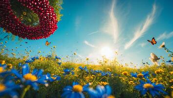 Field of Wildflowers with Butterflies Under Bright Sunshine photo
