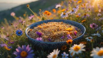 Sesame Seed Paste in Bowl with Flowers on Hill photo