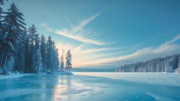 Frozen Lake and Snowy Trees in Winter Landscape photo