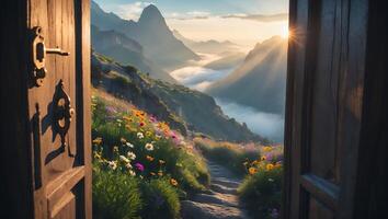 Mountain View Through Open Door with Flowers photo