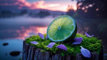 Lime and Petals on Mossy Stump in Nature photo