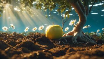 Yellow Apple Under Tree with Daisies in Soil and Bright Sunlight photo