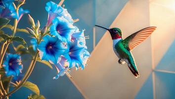Hummingbird with Blue Flower in Garden photo