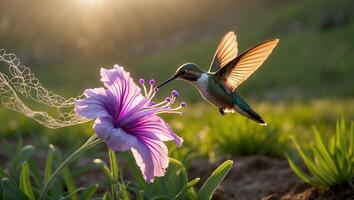Hummingbird Hovering Near Purple Flower in Sunny Meadow photo