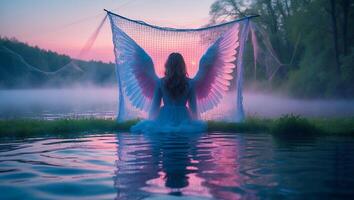 Angel Wings and Girl Sitting by Water at Dusk photo