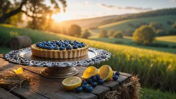 Blueberry Tart with Lemons on a Wood Table at Sunset photo