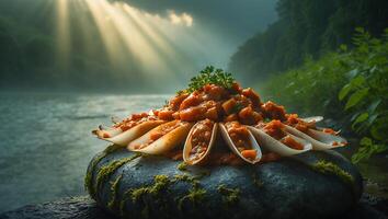 Stuffed Shells with Sauce on Mossy Rock by River photo