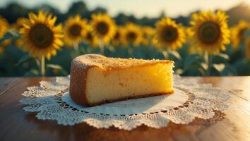 Cake Slice with Sunflowers on a Wooden Table photo