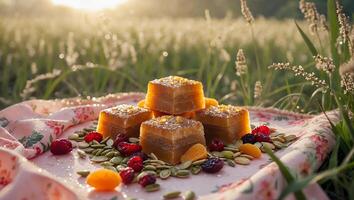 Stack of Fudge Squares with Fruit and Seeds on Patterned Blanket photo