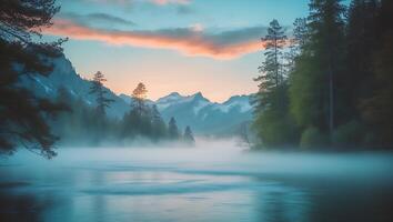 Mountain Lake View with Trees and Morning Mist photo