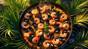 Seafood Paella with Rice in Black Pan Outdoors photo