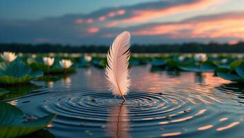 Feather on Water with Lily Pads at Sunset photo