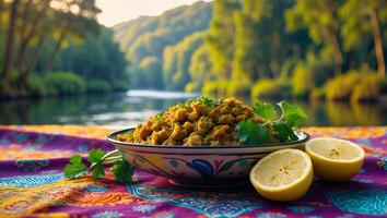 Savory Meal with Lemon and River Landscape photo