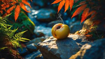 Smoking Apple on Rock in Nature Setting photo