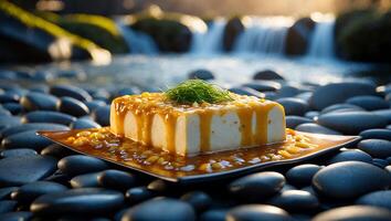 Tofu with Sauce and Greens on the Plate in Nature photo