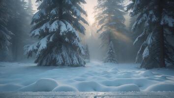 Snowy Pine Tree Forest in Winter photo