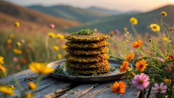 Stack of Pancakes on Wood in Flower Meadow photo