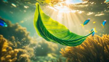 Green Leaf Floating Underwater with Fish and Coral Reef photo