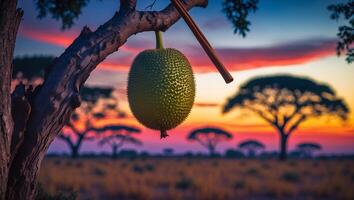 Jackfruit Hanging From Tree at Sunset in African Savanna photo