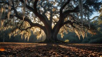 Majestic Oak Tree with Spanish Moss and Acorns on the Ground photo