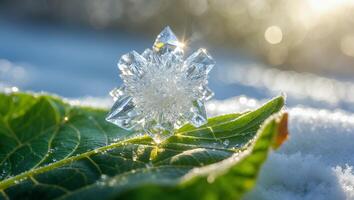 Crystal Snowflake on Leaf in Winter Snow photo