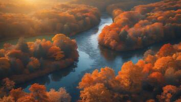 Autumn River Flows Through Vibrant Trees Landscape photo