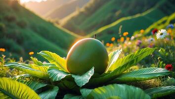 Green Fruit with Leaves in a Sunny Meadow photo