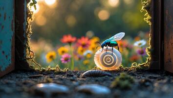 Green Bug on Seashell Near Flowers photo
