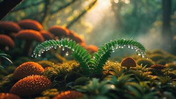 Mushroom and Fern in Forest with Water Drops photo