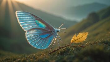 Blue Butterfly on Branch with Mountain Background photo