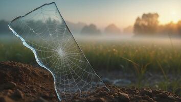 Dew Covered Spiderweb on Glass Shard in Field photo