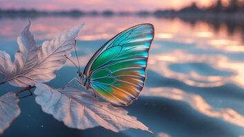 Butterfly Perched on a Leaf at Sunset Over Water photo