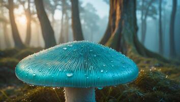 Blue Mushroom with Water Drops in Misty Forest photo