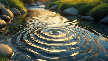 Water Ripple on Stream Surface Reflecting Golden Light photo