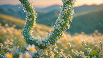 Green Stalk with White Flowers and Water Drops in Flower Field photo
