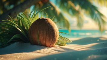 Coconut on Sandy Beach with Tropical Palm Trees photo