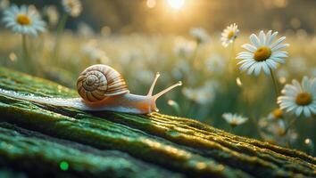 Snail Crawling on Wood in Daisy Field photo