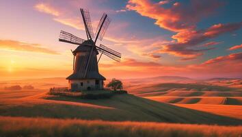 Windmill in Field at Sunset Landscape photo
