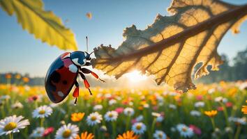 Ladybug on Leaf in Sunny Flower Field photo
